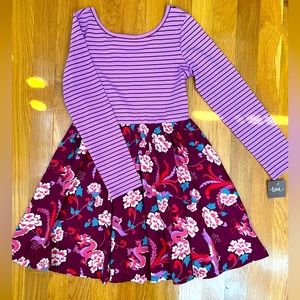 NWT Tea Collection Purple Stripe Floral Dragon Dress Sz 7 Long sleeve